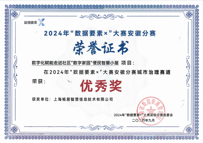 上海畅居智慧“数字家园”项目荣获2024“数据要素”决赛城市治理赛道优秀奖