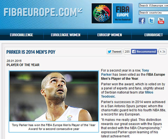 帕克蝉联国际篮联欧洲最佳球员奖项